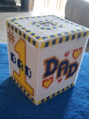Handmade 'Dad' Tissue Box Cover - White, Yellow & Blue